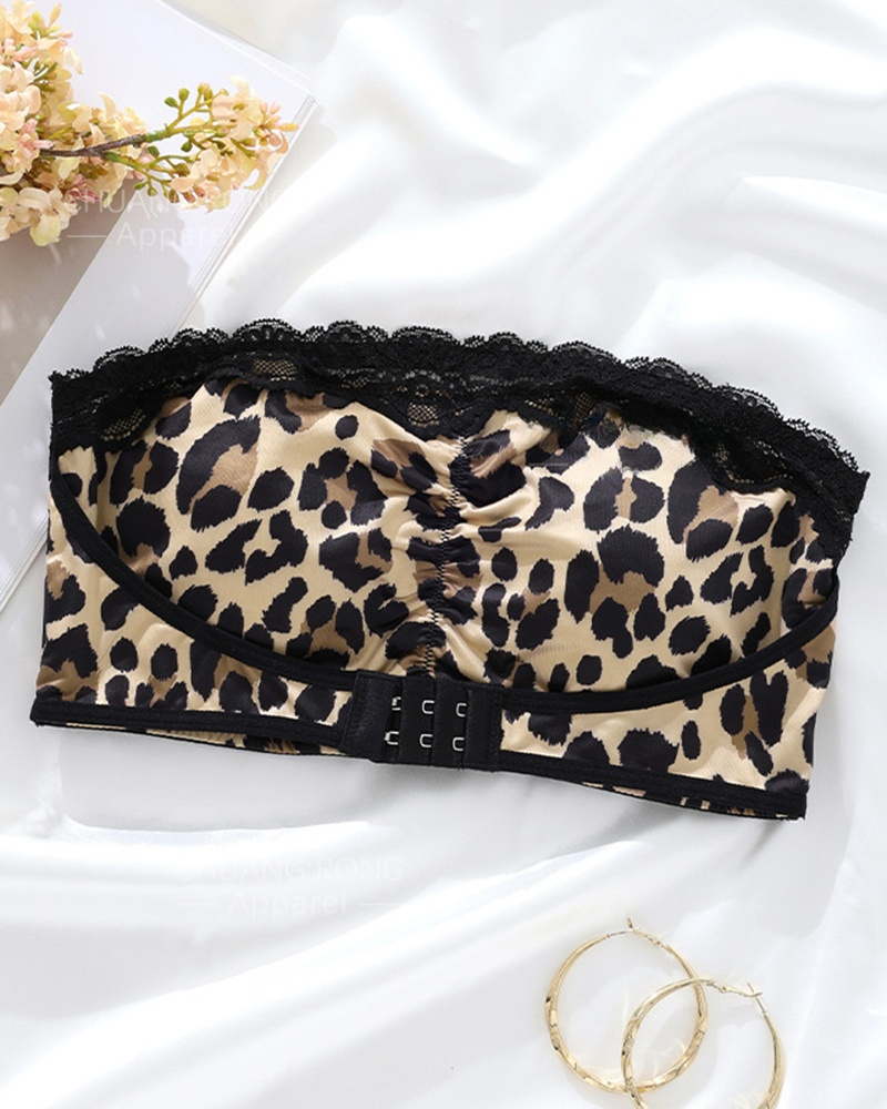 Leopard Print Strapless Front-Closure Bandeau Bra Sexy Lace Trim Padded Invisible Thin-Style Women's Bra