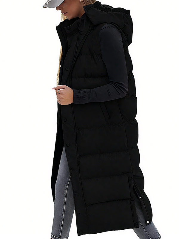 Women's Long Puffer Vest | Quilted Hood & Button Closure