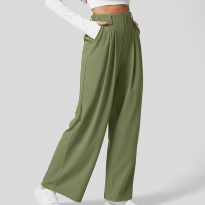 High Waisted Plicated Side Pocket Wide Leg Waffle Work Pants
