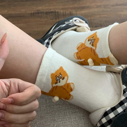 3 Pairs Cute Cat Socks with Pom Poms Soft Cotton