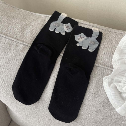 3 Pairs Cute Cat Socks with Pom Poms Soft Cotton