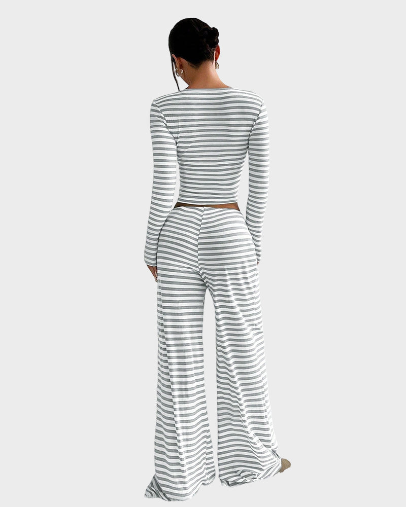 Stripe Crop Top & Wide Leg Two-Piece Lounge Set