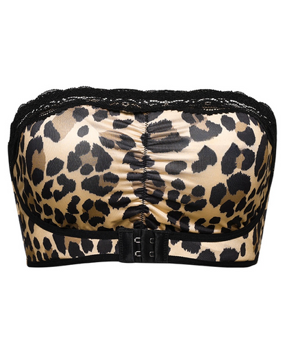 Leopard Print Strapless Front-Closure Bandeau Bra Sexy Lace Trim Padded Invisible Thin-Style Women's Bra