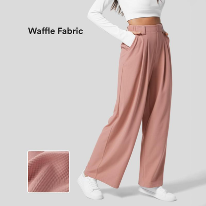 High Waisted Plicated Side Pocket Wide Leg Waffle Work Pants
