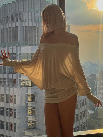 Women's Solid Off The Shoulder Sheer Ruched Dress