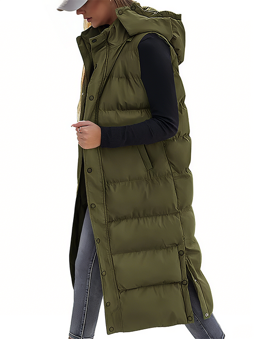 Women's Long Puffer Vest | Quilted Hood & Button Closure