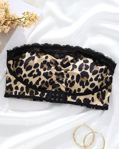 Leopard Print Strapless Front-Closure Bandeau Bra Sexy Lace Trim Padded Invisible Thin-Style Women's Bra
