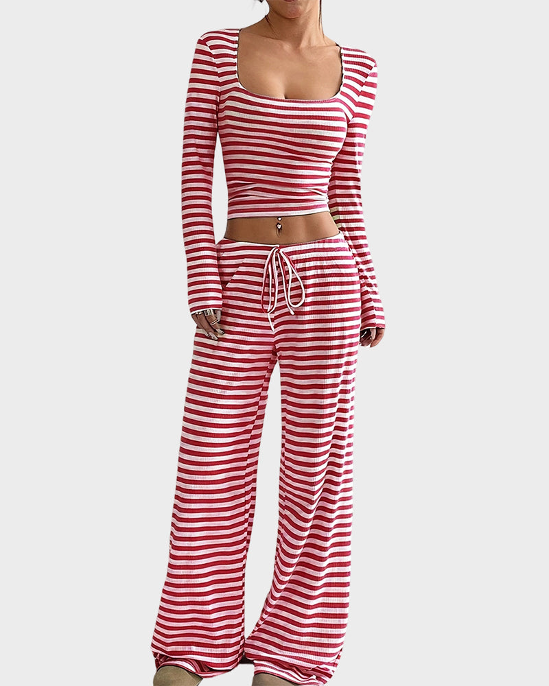 Stripe Crop Top & Wide Leg Two-Piece Lounge Set