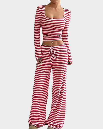 Stripe Crop Top & Wide Leg Two-Piece Lounge Set