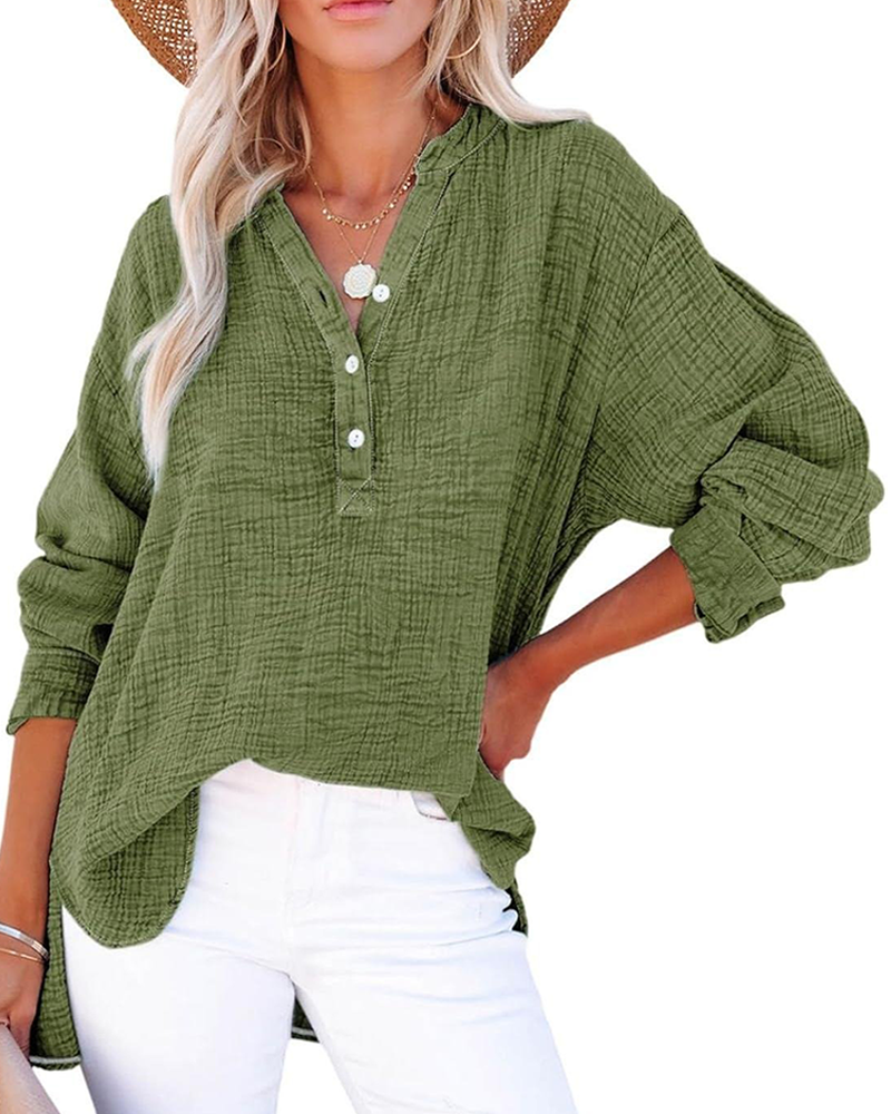 Womens Casual Button V Neck Long Sleeve Shirts Solid Blouses Tops