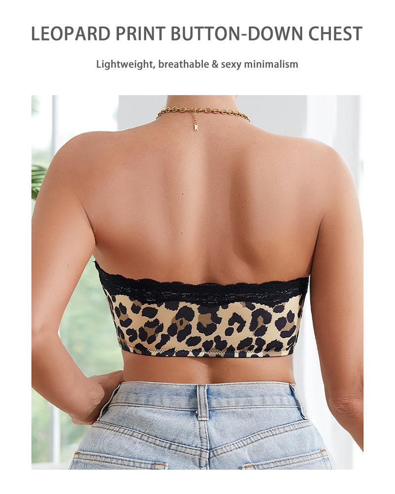 Leopard Print Strapless Front-Closure Bandeau Bra Sexy Lace Trim Padded Invisible Thin-Style Women's Bra