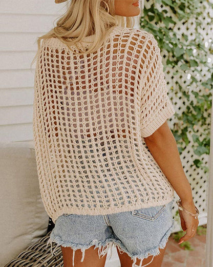 Women's Summer Short Sleeved Hollow Knitted Top Beach Wear