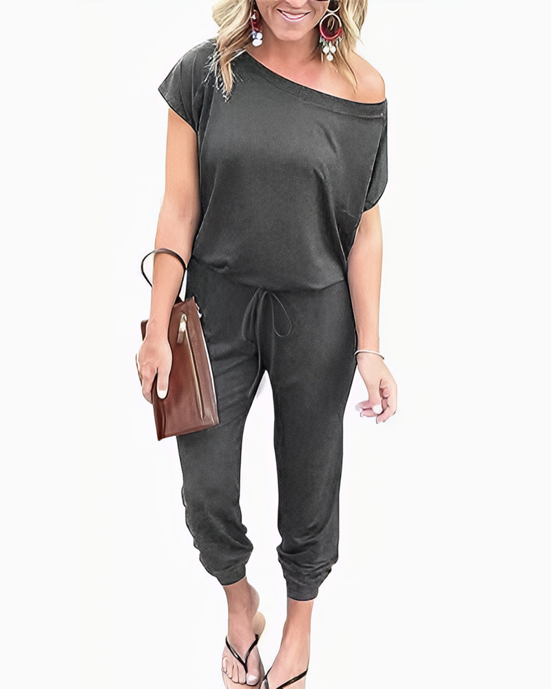 Off-Shoulder Short Sleeve Beam Foot Jumpsuit