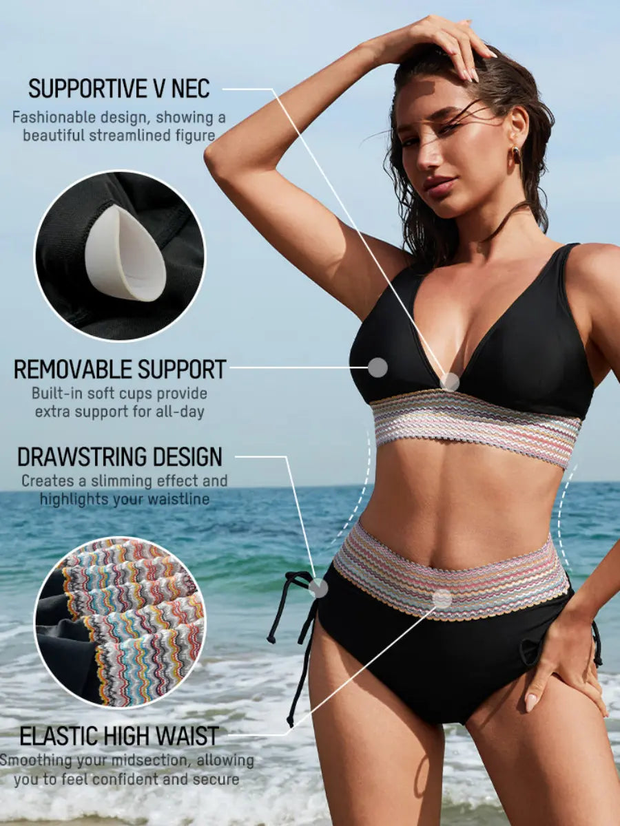 High Waisted Tummy Control Color Block Bikini Sets