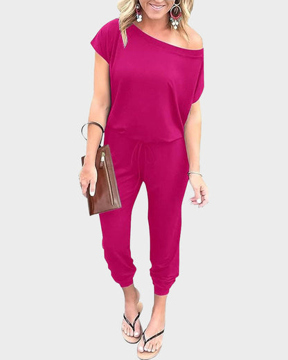 Off-Shoulder Short Sleeve Beam Foot Jumpsuit