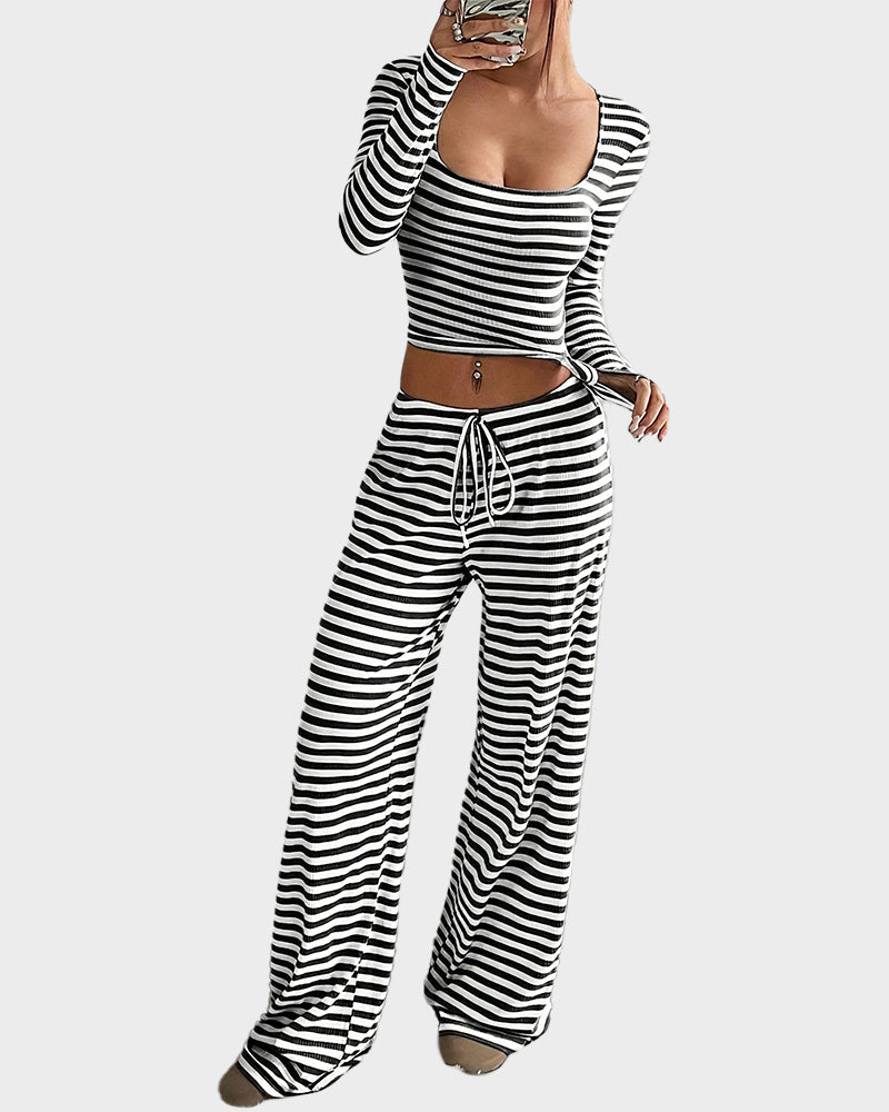 Stripe Crop Top & Wide Leg Two-Piece Lounge Set