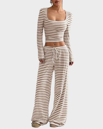 Stripe Crop Top & Wide Leg Two-Piece Lounge Set