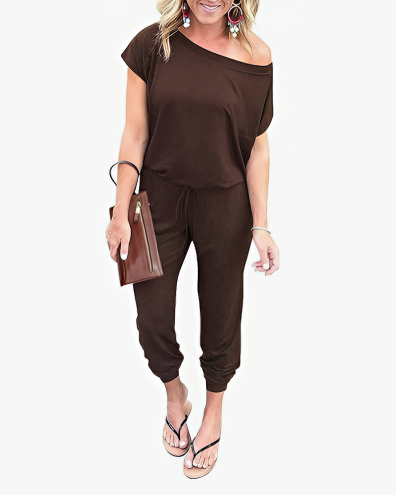 Off-Shoulder Short Sleeve Beam Foot Jumpsuit