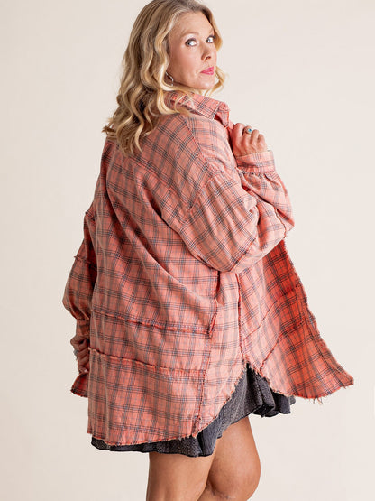 Women's Seams Raw Edge Washed Oversized Shirt Jacket with Pockets