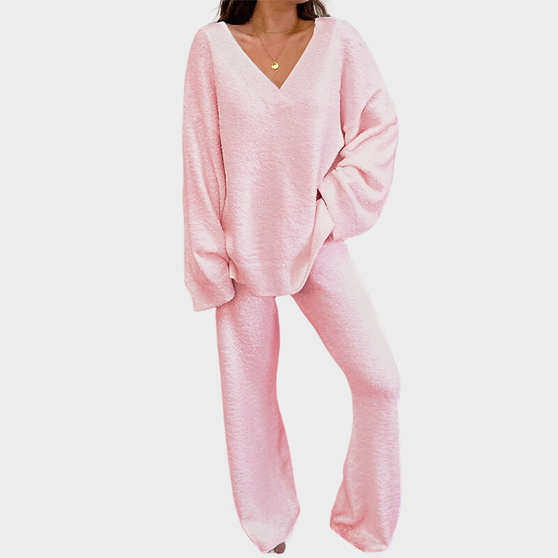 Soft Fuzzy V-Neck Loungewear Set
