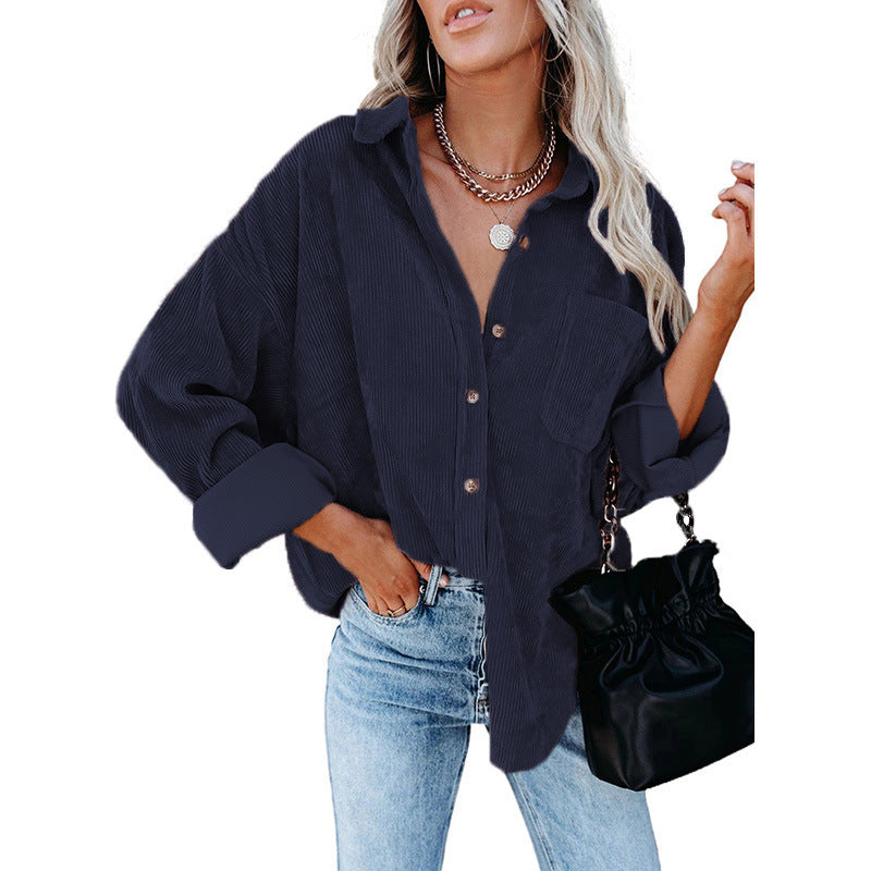 Women's Plain Pocket Button Front Corduroy Shirt